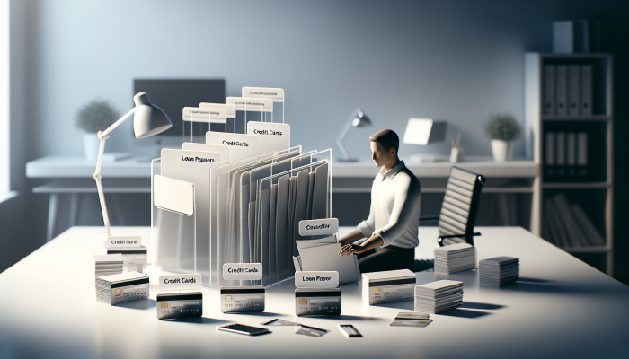 Clearing Up Debt Consolidation Confusion: A Clear Guide | DCL A person in the UK consolidates scattered loan papers and credit cards into a single folder in an organized office.