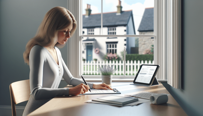 Individual executing Lasting Power of Attorney at a desk, with a UK home visible through the window, symbolising effective remote management.