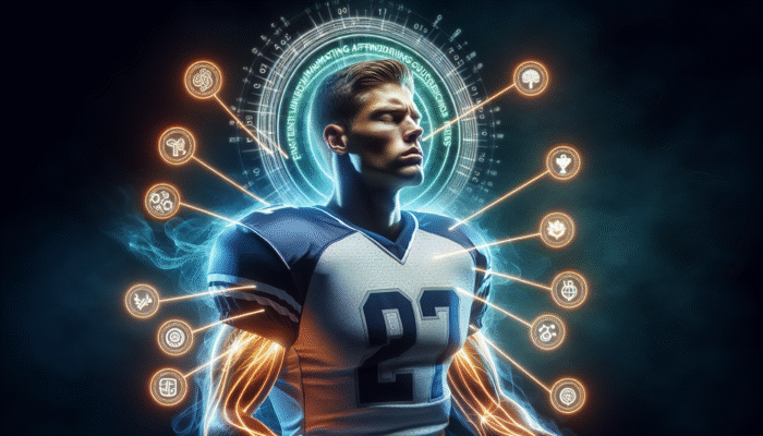 Football player in uniform, eyes closed, visualising success with glowing affirmations surrounding him.