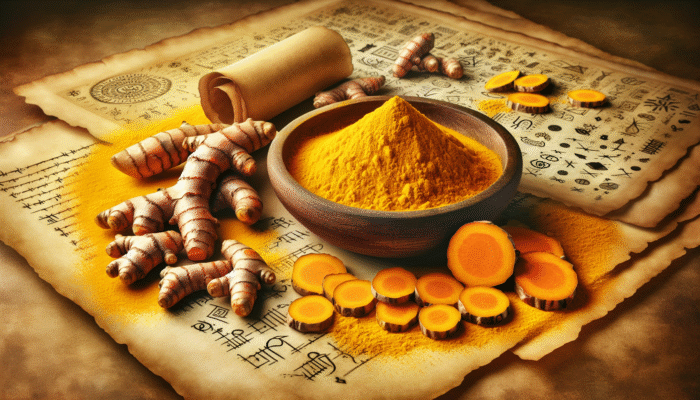 Vibrant yellow turmeric root slices and powder in a wooden bowl, alongside ancient texts and modern research papers on curcumin's anti-inflammatory effects.