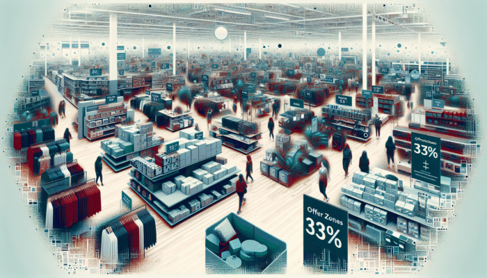 UK retail store clearance section displaying discounted apparel, electronics, and home goods with minor imperfections, marked down for rapid sales.
