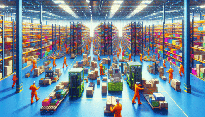 Workers in brightly coloured uniforms sorting and disposing of vibrant clearance items in a modern warehouse using eco-friendly technology.