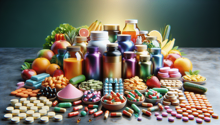 A vibrant assortment of dietary supplements displayed on a table, with fresh fruits and vegetables in the backdrop.