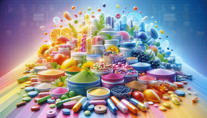 A vibrant selection of dietary supplements in various forms, including capsules, tablets, and powders on a lively background.