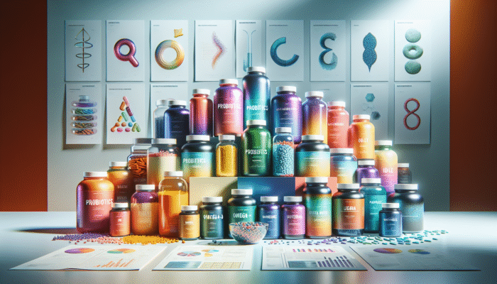 Variety of specialty supplement bottles, including probiotics, omega-3, and protein powders on a health-oriented backdrop.