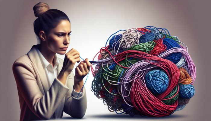 How Debt Consolidation Changes Spending Habits: | DCL A person untangling a complex knot of colourful threads, symbolising debt consolidation, with a clear, single thread emerging.