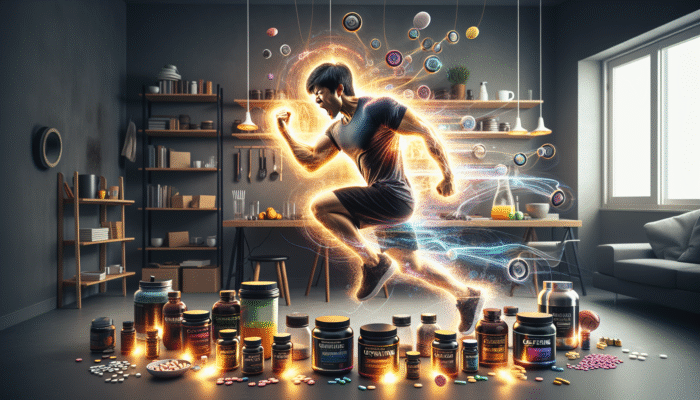Supplements for Home Workouts: Individual intensely working out at home with caffeine pills and energy drinks, demonstrating enhanced focus and stamina.