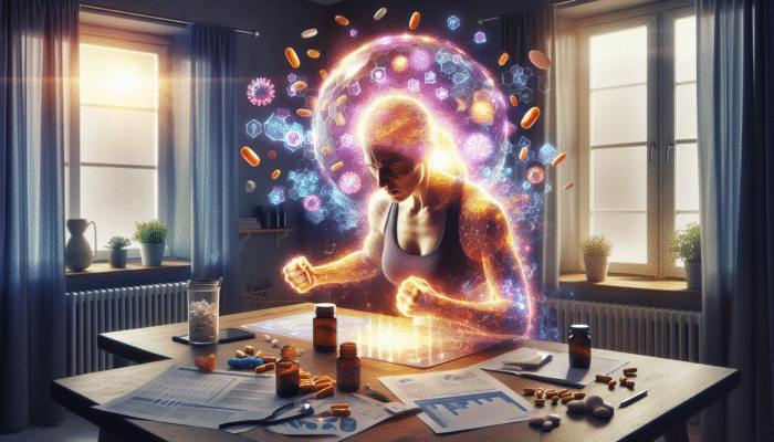 Individual at home exercising, surrounded by vitamin C and zinc supplements, with a vibrant aura symbolising a strengthened immune system.