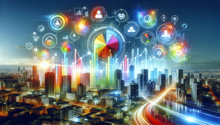 An illustrative example of a vibrant Bing business profile showcasing graphs illustrating heightened traffic and trust, set against an urban backdrop.
