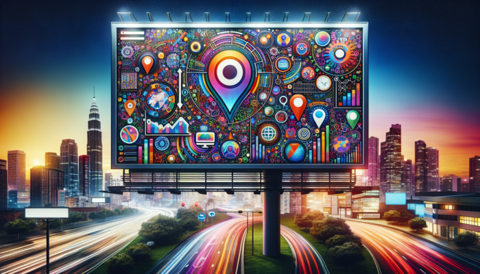A vibrant digital billboard displaying "Boost Your Local SEO with Bing My Business" alongside SEO icons against a cityscape backdrop at dusk.