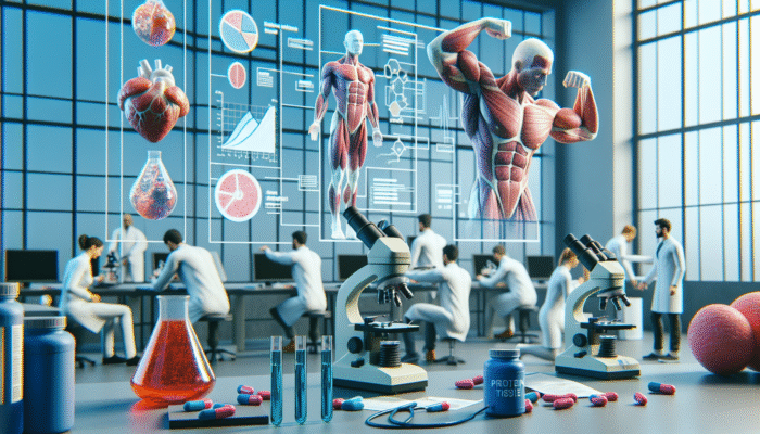 Researchers examining muscle tissue samples under microscopes, with charts and protein supplements in the vicinity.
