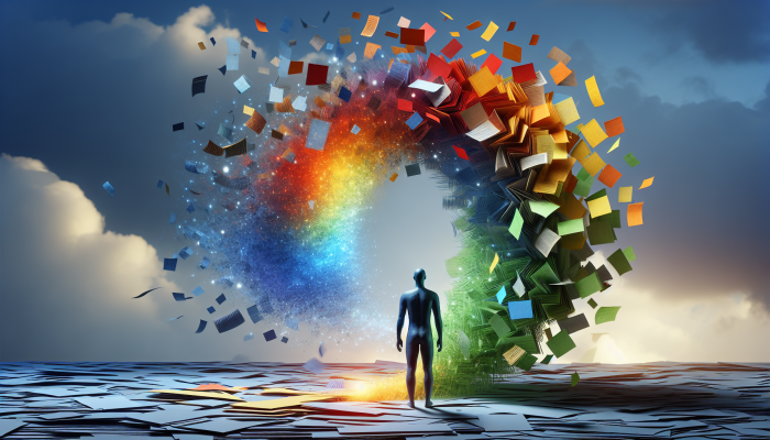Debt Consolidation Journeys Shared on X: Real Stories and Tips | DCL A serene person consolidating colourful debt documents into a single, glowing folder under a hopeful sky.