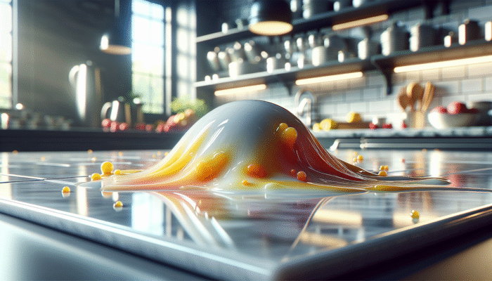 A glossy, sealed ceramic tile in a kitchen, resisting spills and steam, showcasing durability.