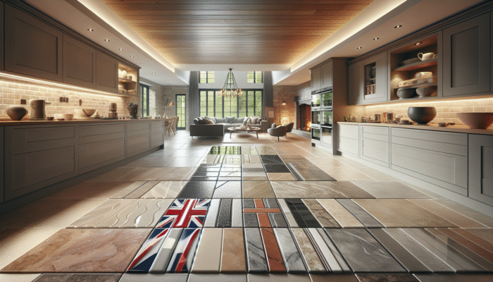 UK home interior featuring glossy ceramic, smooth porcelain, and textured natural stone tiles, all treated with suitable sealers.