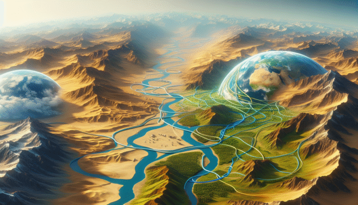 Science of Hydration Supplements: A vibrant scene of global landscapes connected by streams of water, symbolising hydration's vital role in health.