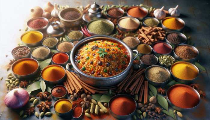 A colourful kitchen scene with spices and a steaming pot of biryani.