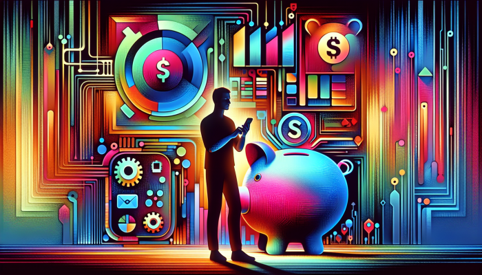 Debt Consolidation Loan Repayment Hacks: Smart Strategies | DCL Person using smartphone with budgeting app showing charts and graphs, surrounded by digital technology symbols and piggy bank.