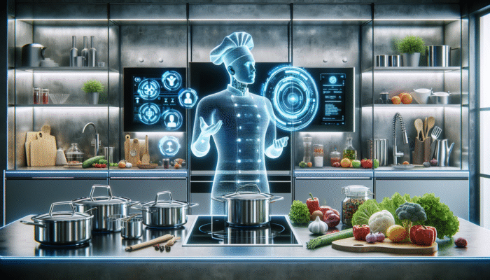 A futuristic kitchen featuring an AI holographic chef displaying recipes on a transparent screen, surrounded by advanced appliances and fresh ingredients.