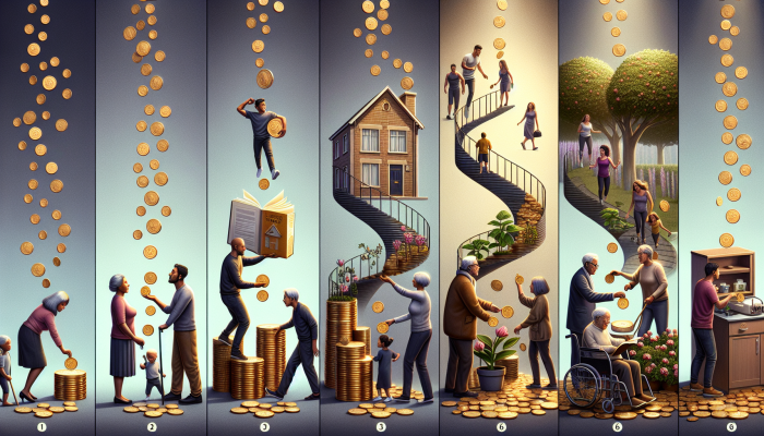 A timeline showing UK life stages with evolving financial strategies from young professionals to retirees.