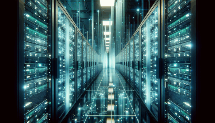 Best Hosting for Multiple Domain Support: Futuristic server room with endless glowing domain servers, symbolising unlimited hosting capabilities.