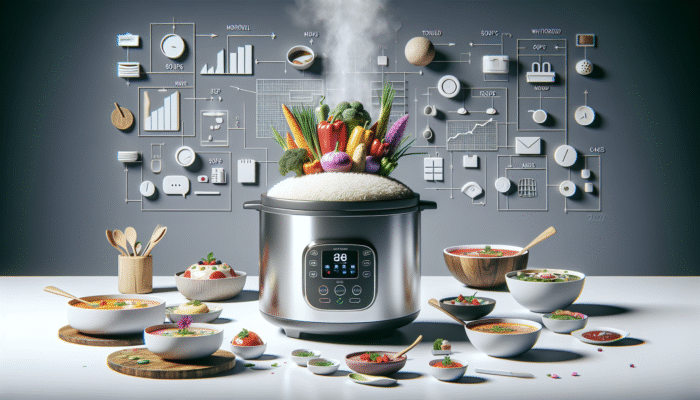 A modern kitchen with a rice cooker steaming vegetables over rice, surrounded by soups and cakes.