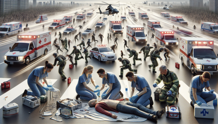 Diverse group applying first aid in emergencies, professional help arriving.