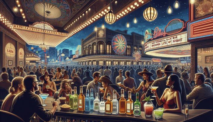 A vibrant Las Vegas tequila bar at night with lively crowds, live music, and an extensive tequila display.