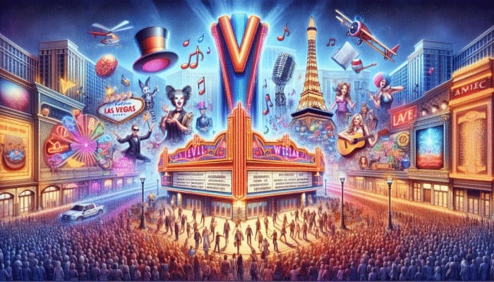 A vibrant Las Vegas mall featuring V Theater, offering diverse live performances including magic, music, and comedy.