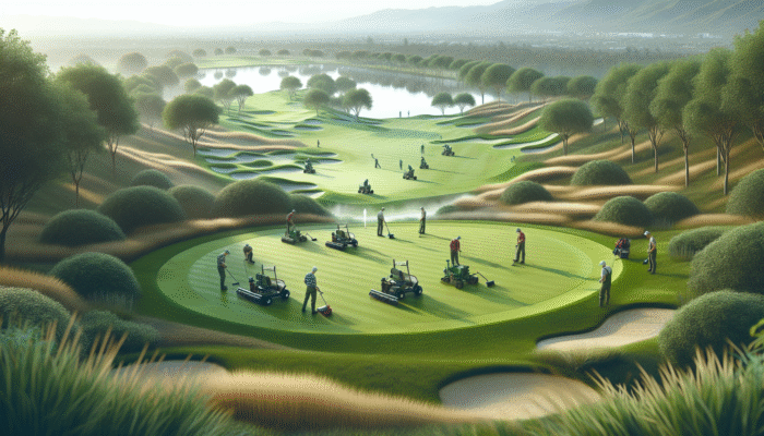Lush Wellington Golf Club course, team maintaining turf, sustainable irrigation, clear sky.