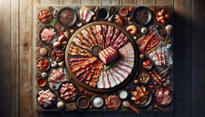 An array of different bacon types displayed on a rustic table: thick-cut, applewood smoked with seafood, and peppered with chicken.