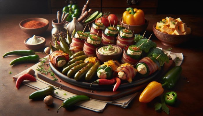 A visually appealing platter showcasing bacon-wrapped jalapeños, water chestnuts with creamy cheese, and cheddar-wrapped vegetables adorned with herbs.