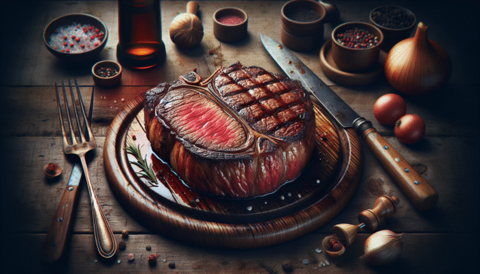 Mastering the Reverse Sear for Perfect Steaks: Juicy steak with pink centre and caramelised crust on a rustic wooden table with utensils.