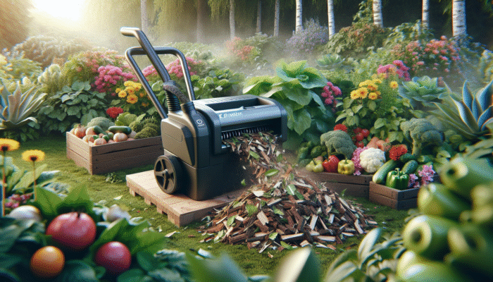 Electric shredders and chippers transforming garden waste into mulch, enhancing soil around vibrant plants.