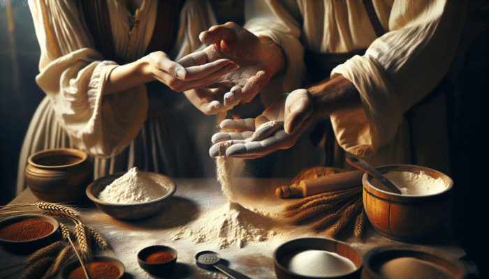 Hands scooping flour and sugar in a rustic kitchen, measuring intuitively without cups.