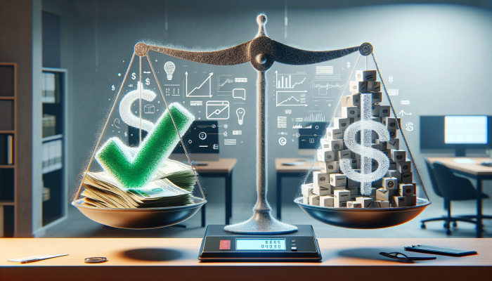 Debt Consolidation Loan Income Requirements: A Comprehensive Guide | DCL A balanced scale showcasing bills alongside a paycheck, with a green checkmark over the lower debt side, set in a financial office.