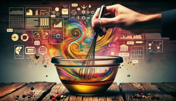 A hand whisking a vibrant marinade in a glass bowl on a rustic wooden table.