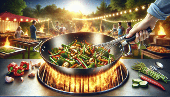 Stainless steel grill wok with stir-fried vegetables, showcasing even heat distribution, at an outdoor barbecue.