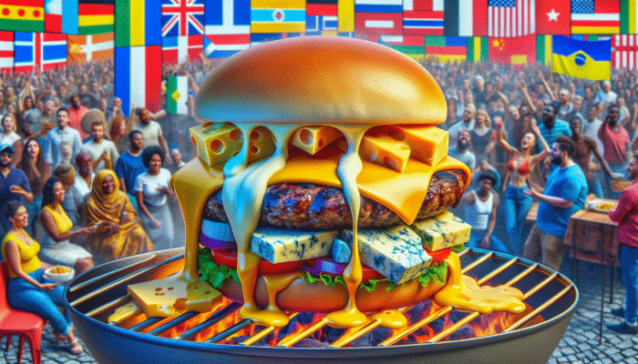 A sizzling cheeseburger with melting aged cheddar, brie, and blue cheese at a global barbecue.