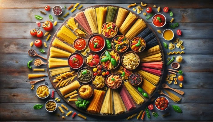 A vibrant assortment of spaghetti, penne, and fusilli served with their perfect sauces on a rustic wooden table.