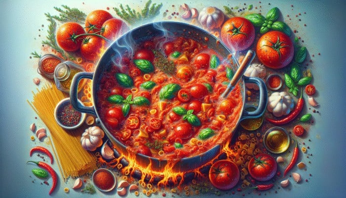 A bubbling pot of rich tomato sauce with diced tomatoes, garlic, herbs, and chili flakes, simmering beside cooking pasta.