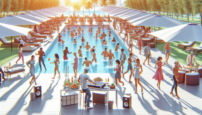 Vibrant pool party with dancing, socializing guests by a luxurious pool, DJ spinning lively tracks under bright sunshine.