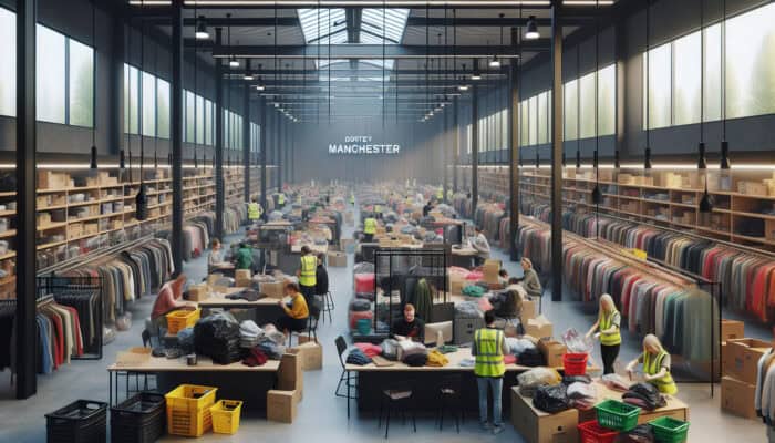 A busy donation centre in Manchester with volunteers sorting clothing, furniture, and electronics, promoting community and environmental care.