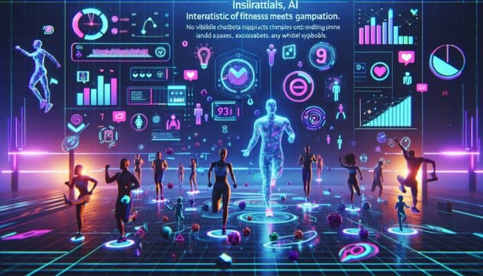 A modern fitness video interface featuring points, badges, leaderboards, animated avatars, and AI chatbots within a vibrant digital landscape.