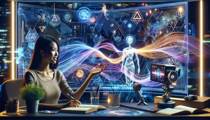 AI chatbot on screen generating scripts for a travel vlogger in a futuristic studio equipped with maps and technology.