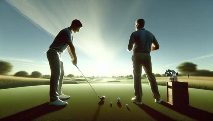 Beginner golfer analysing swing with coach on a green course, using a two-piece ball for straighter shots.