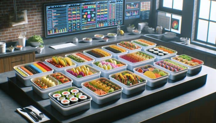 Colourful protein-rich meals in containers, featuring sushi, tacos, and curries on a kitchen counter.