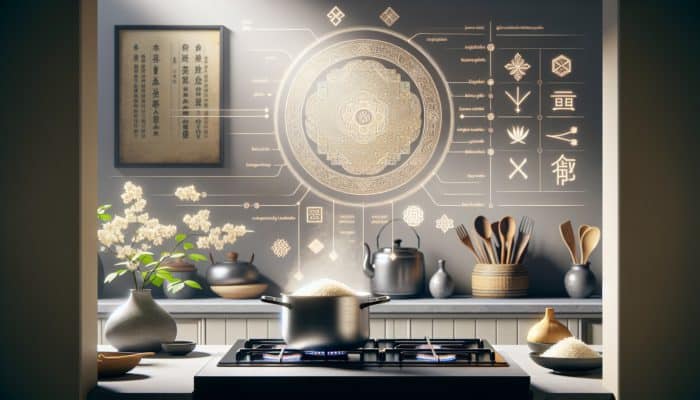 A pot of steaming rice on a stove in a serene kitchen, with cooking instructions on a chalkboard.