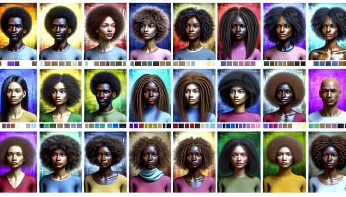 Diverse group displaying André Walker Curl Typology types 1-4 in a colorful setting.