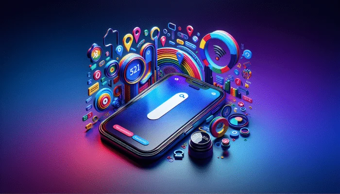 Smartphone displaying zero-click search results with optimization tips icons on a modern background.