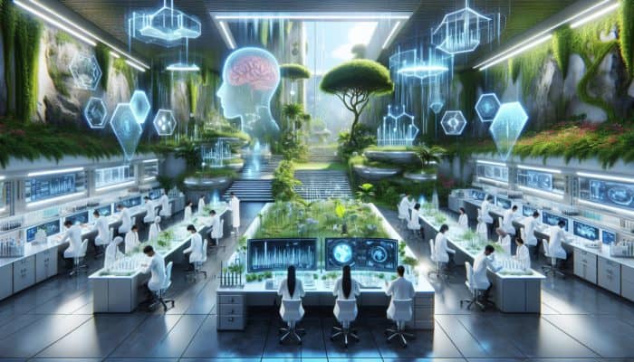Futuristic lab with scientists, advanced hair growth tech, and serene garden background.